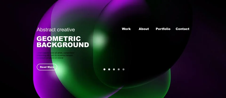 Dark website mockup features vibrant purple, green shapes. Text details 스톡 일러스트
