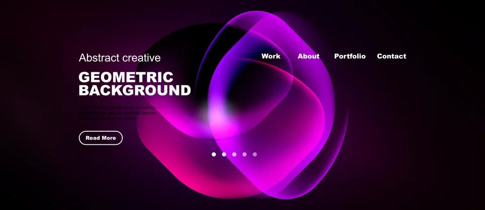Dark website mockup features vibrant abstract shapes, text elements, navigati Stock Illustration