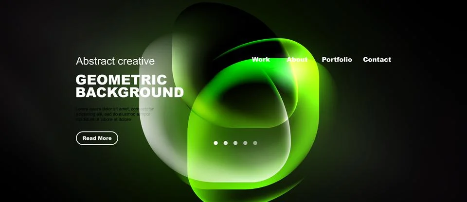 Dark website mockup features vibrant green abstract shapes, text elements, Illustrazione stock