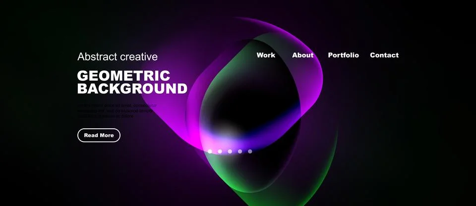 Dark website mockup features vibrant abstract shapes, text elements, navigati Stock Illustration