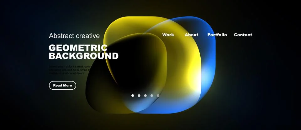 Dark website mockup features vibrant geometric shapes, text elements, navig.. Ilustración de archivo