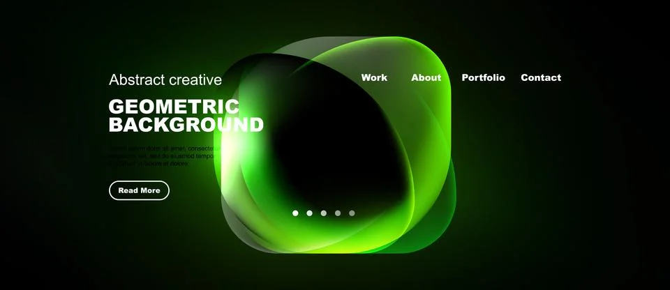 Dark website mockup features vibrant green geometric shapes. Navigation inc.. イラスト素材