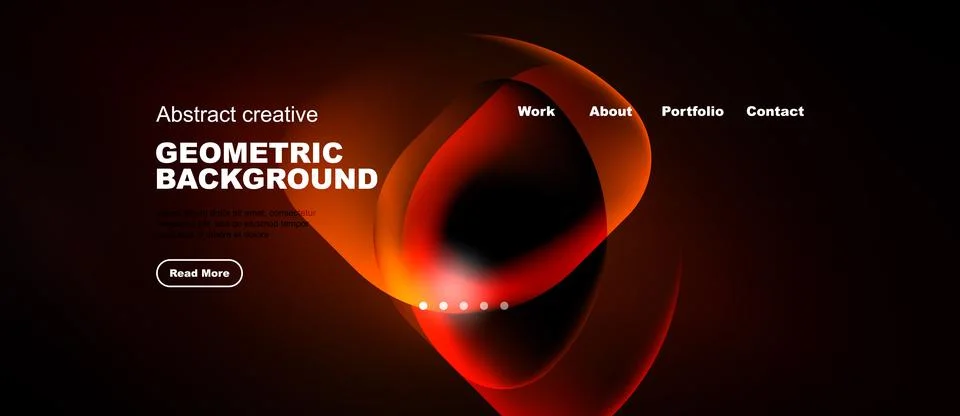 Dark website mockup features vibrant orange geometric shapes, text elements, 스톡 일러스트