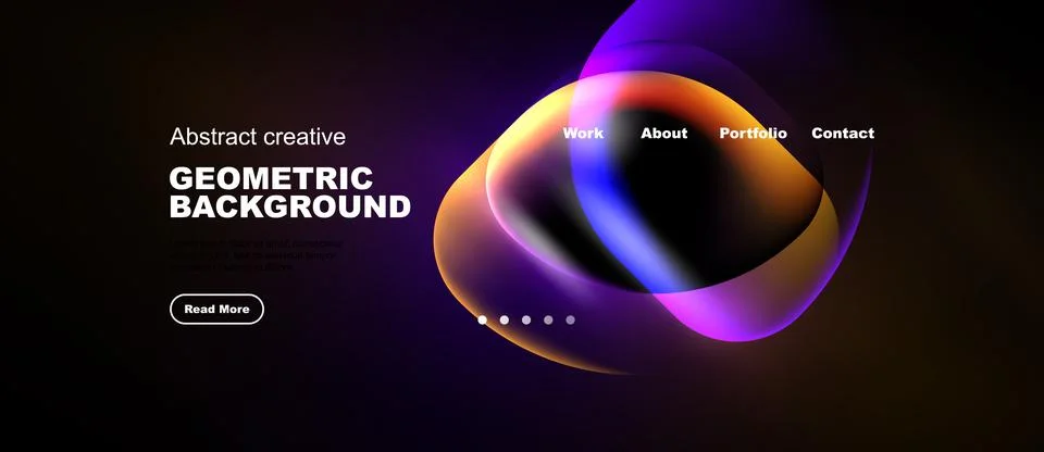 Dark website mockup features vibrant abstract shapes, text elements, navigati Stock Illustration