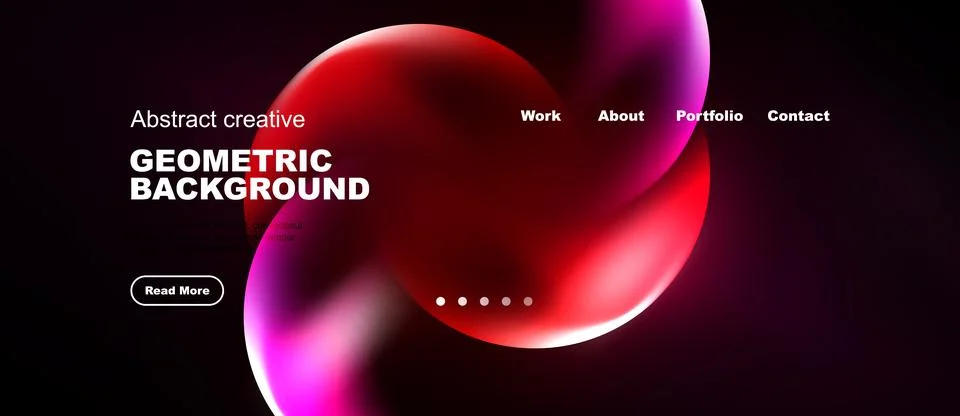 Dark website mockup features vibrant red abstract shapes. Navigation includes Illustrazione stock