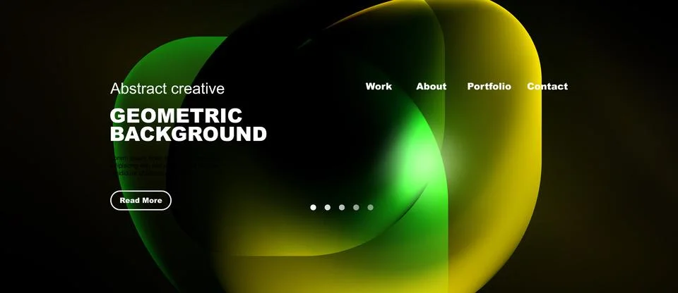 Dark website mockup features vibrant abstract shapes, text elements, navigati Illustrazione stock