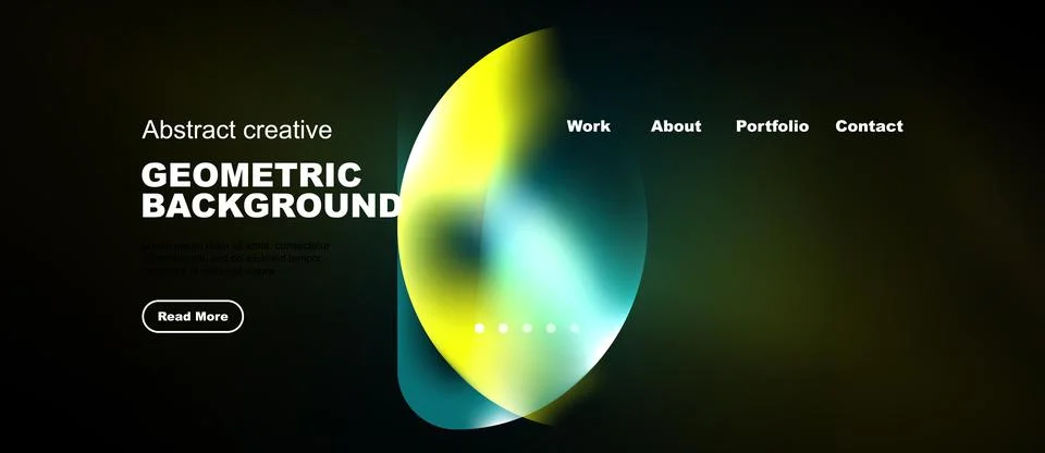 Dark website mockup features vibrant geometric shapes, text elements, navig.. 库存插图