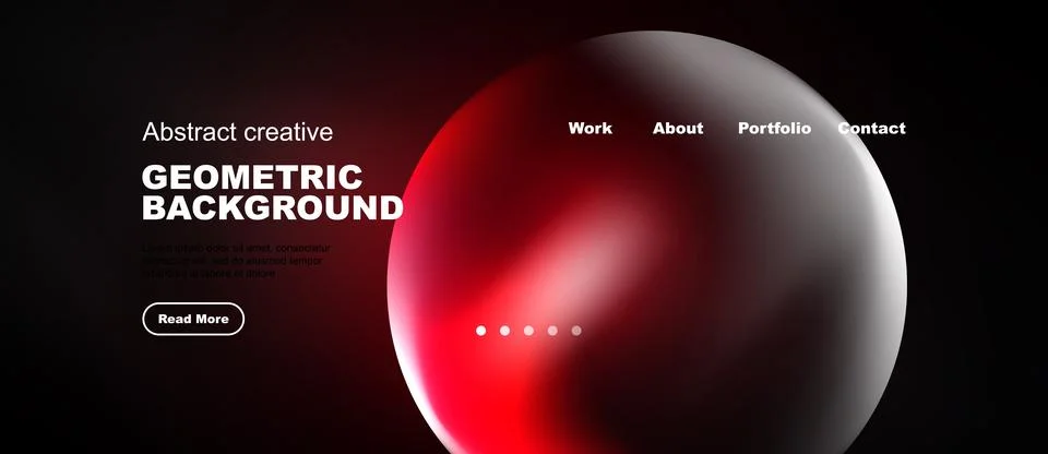 Dark website mockup features vibrant red sphere, text elements, navigation .. Illustrazione stock