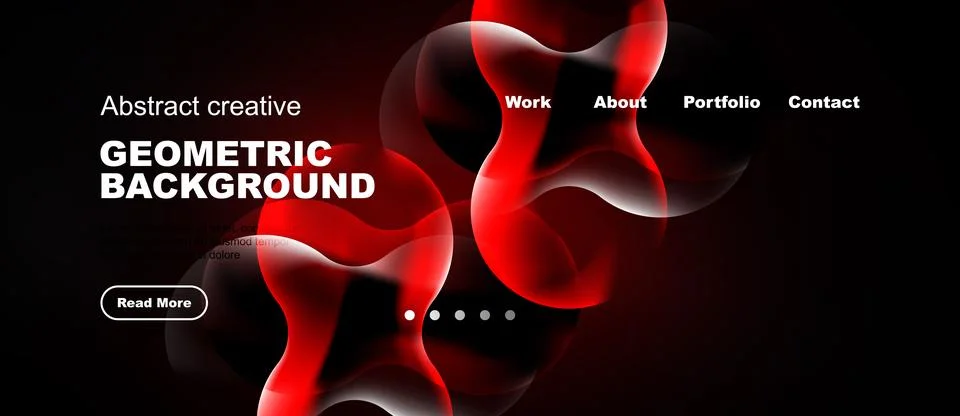 Dark website mockup features vibrant red abstract shapes. Navigation includes Stock Illustration