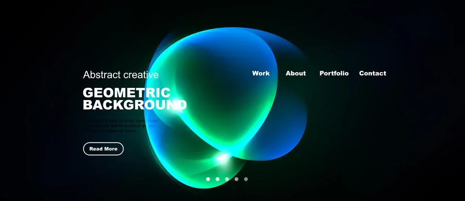 Dark website mockup features vibrant abstract shapes, text elements, navigati 库存插图