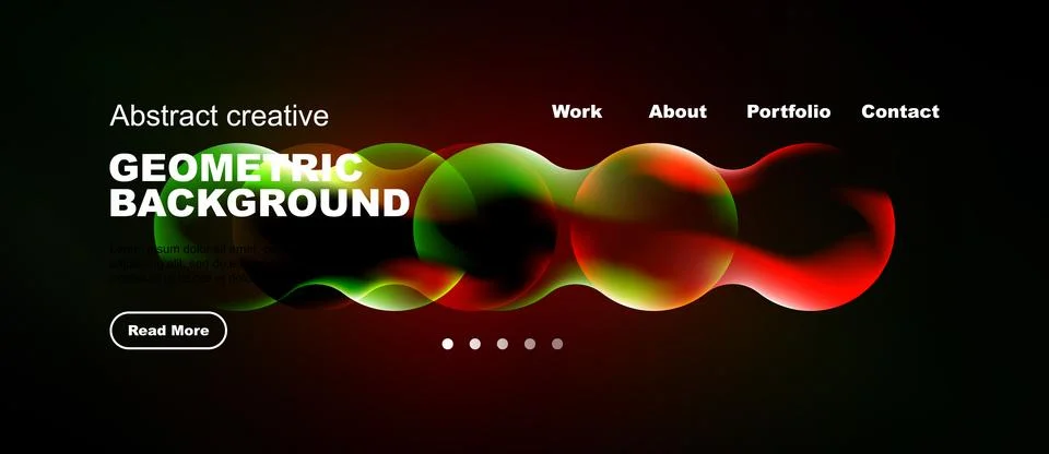 Dark website mockup features vibrant geometric shapes, text elements, navig.. Illustrazione stock