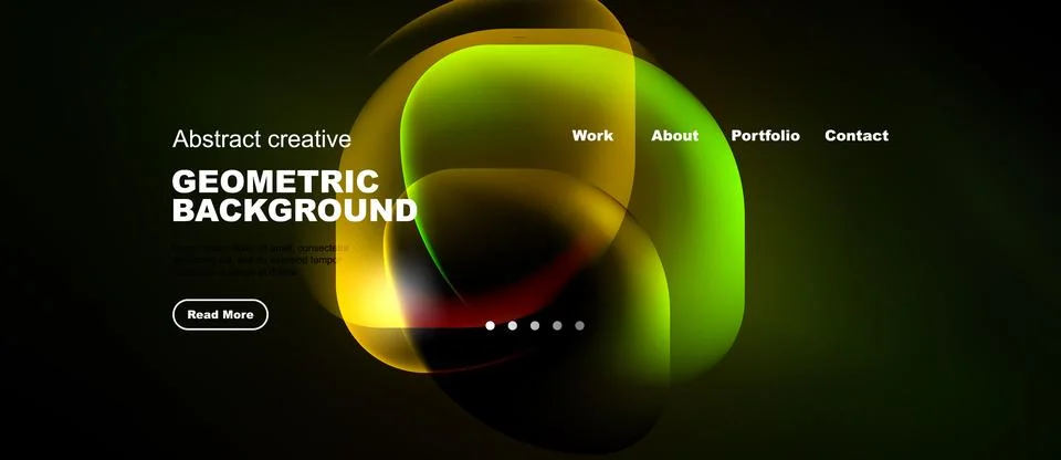 Dark website mockup features vibrant geometric shapes, text elements, navig.. Illustrazione stock