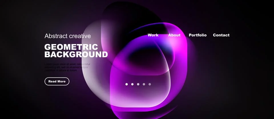 Dark website mockup features vibrant purple shapes, text elements, navigation 库存插图