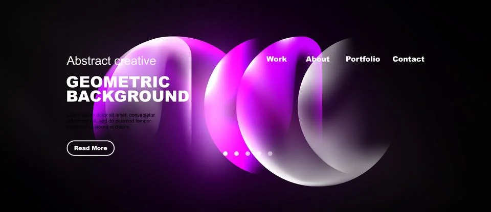 Dark website mockup features vibrant purple geometric shapes, navigation menu 스톡 일러스트