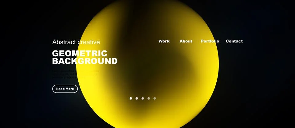Dark website mockup features vibrant yellow oval shape. Text elements include Stock Illustration