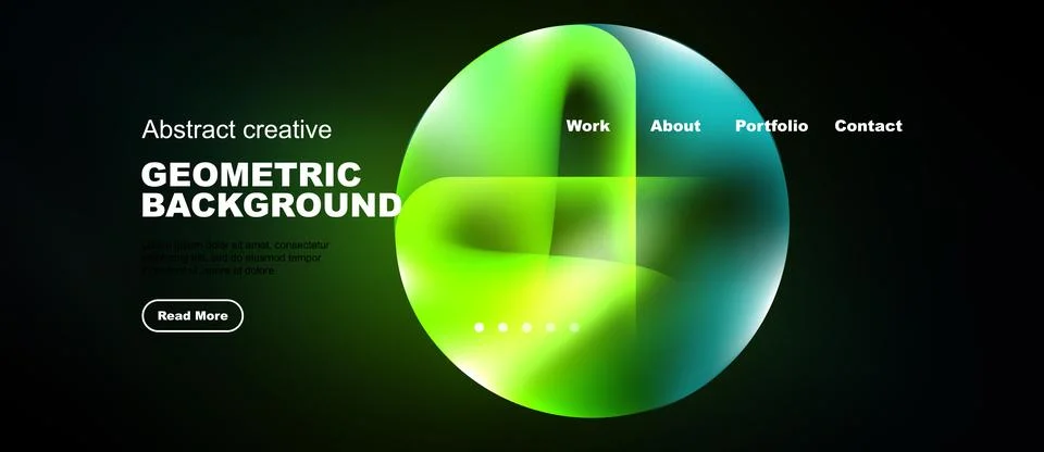Dark website mockup features vibrant green geometric shapes, text elements, Stock Illustration