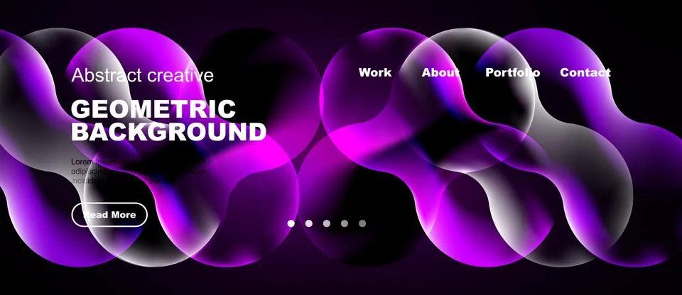 Dark website mockup features vibrant purple flowing shapes. Text elements Stock Illustration