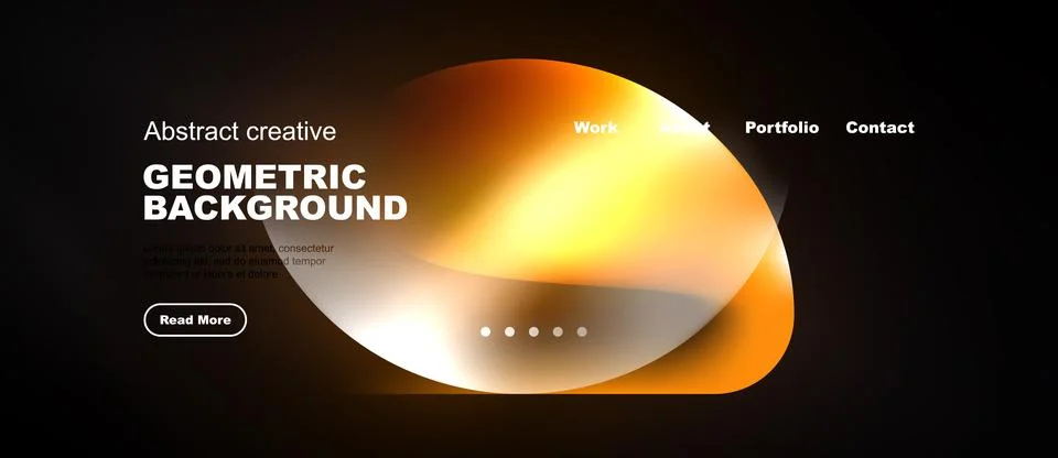 Dark website mockup features vibrant orange geometric shapes, text elements, Stock Illustration