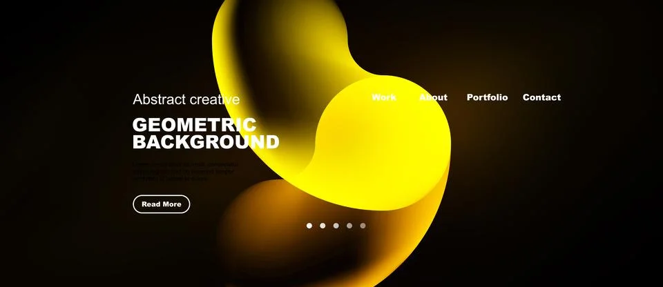Dark website mockup features vibrant yellow abstract shapes. Navigation inc.. Stock Illustration