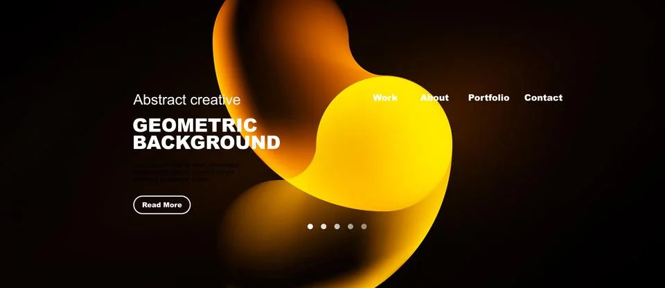 Dark website mockup features vibrant orange shapes, text elements, navigation 库存插图