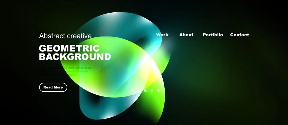 Dark website mockup features vibrant fluid shapes, text elements, navigation Stock Illustration