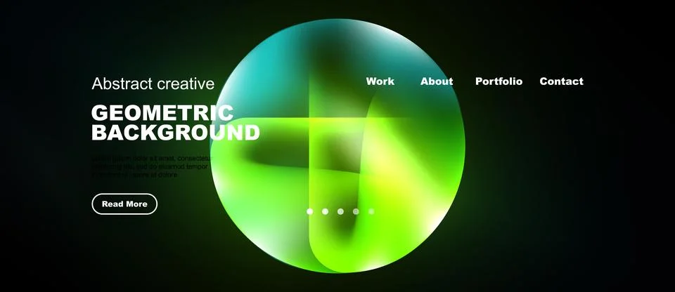 Dark website mockup features vibrant green, blue shapes. Minimalist design wi Illustrazione stock