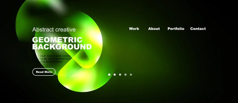 Dark website mockup features vibrant green abstract shapes, text elements, Stock Illustration