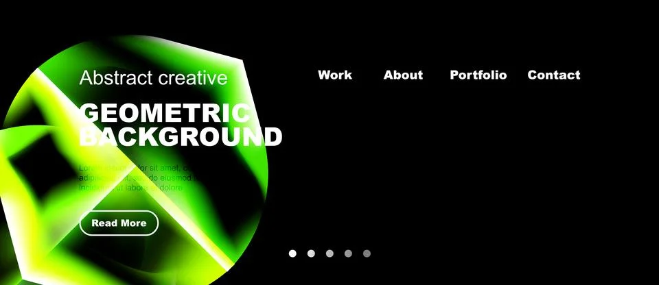 Dark website mockup features vibrant green geometric shapes, text elements, Stock Illustration