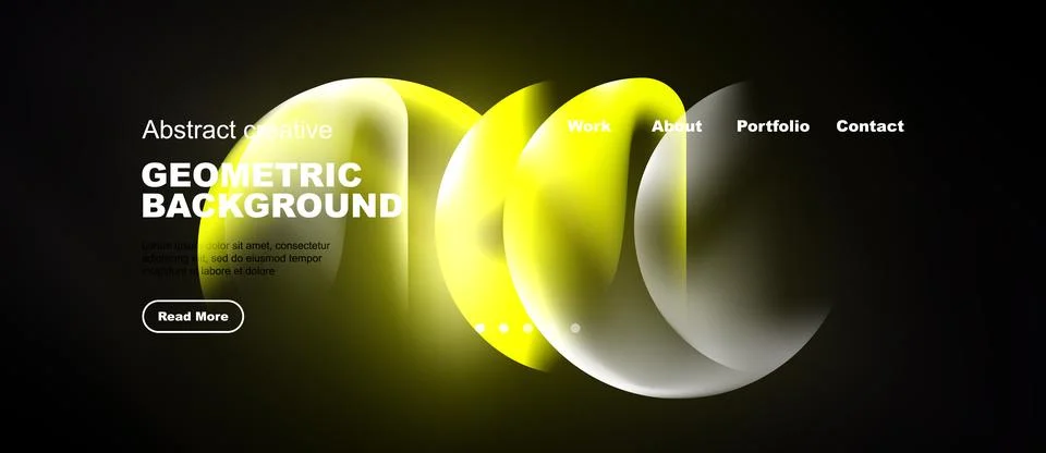Dark website mockup features vibrant yellow geometric shapes. Navigation Stockillustratie