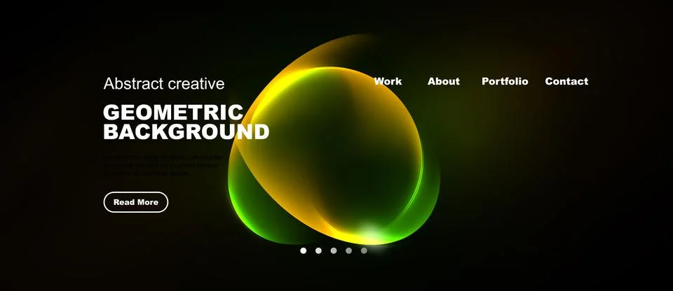 Dark website mockup features vibrant abstract shapes, text elements, navigati Stock Illustration