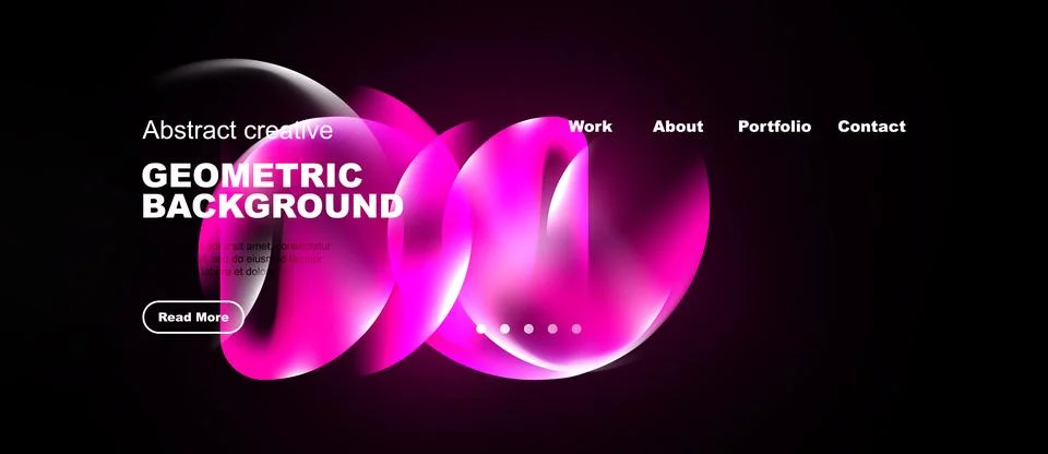 Dark website mockup features vibrant pink geometric shapes, text elements, Stock Illustration