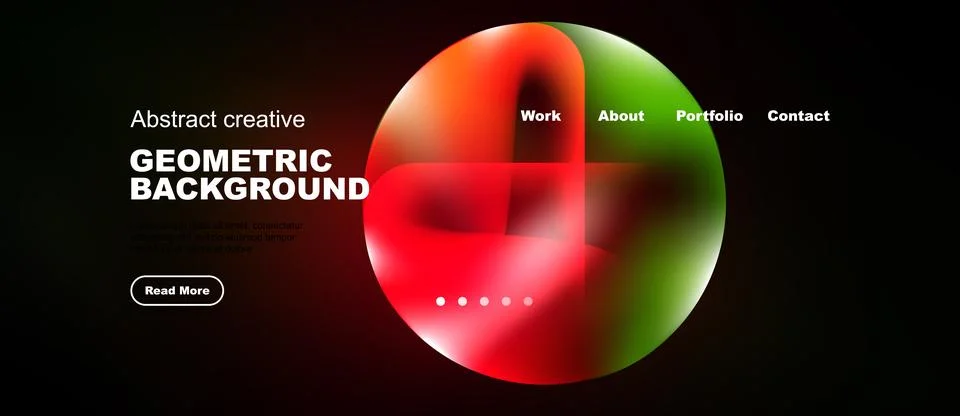 Dark website mockup features vibrant sphere, text elements, navigation option Illustrazione stock