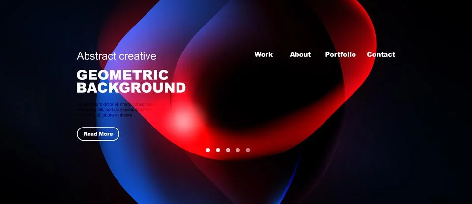 Dark website mockup features vibrant abstract shapes, text elements, navigati 库存插图