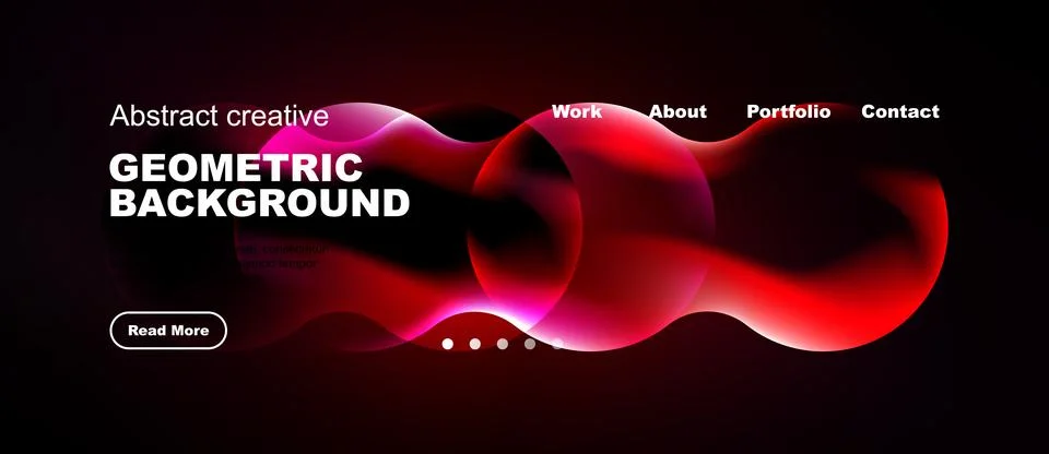 Dark website mockup features vibrant red geometric shapes. Text overlays pr.. Stock Illustration
