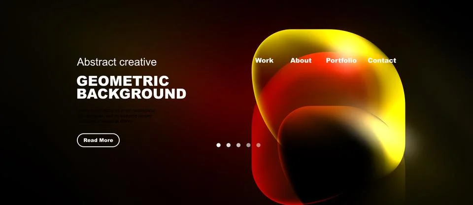 Dark website mockup features vibrant abstract shapes, text elements, navigati 库存插图