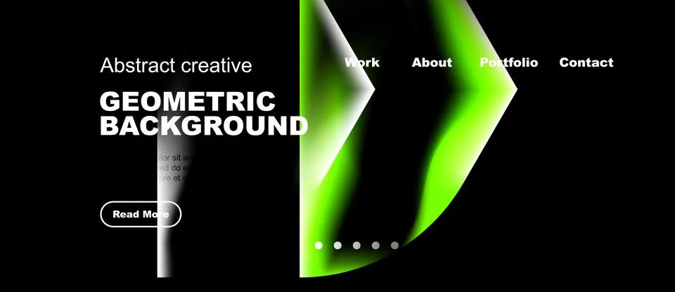 Dark website mockup features vibrant geometric shapes, text elements, navig.. Stock Illustration