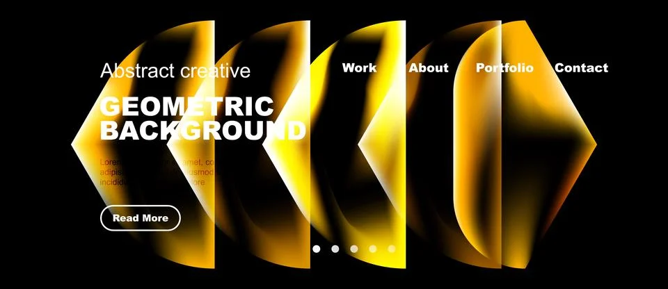 Dark website mockup features vibrant geometric shapes, text overlays, navig.. Illustrazione stock