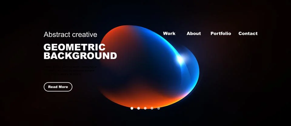 Dark website mockup features vibrant geometric shapes, text, navigation menu. Illustrazione stock