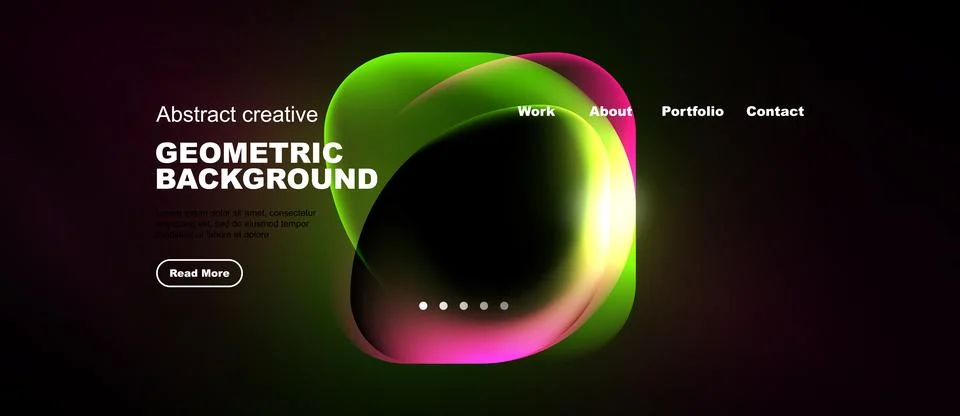 Dark website mockup features vibrant abstract shapes, text elements, navigati Illustrazione stock