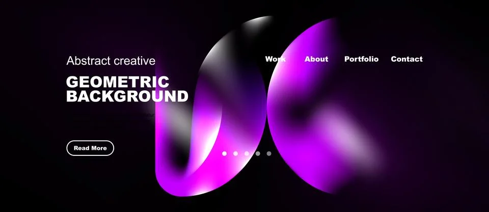 Dark website mockup features vibrant purple geometric shapes. Minimalist desi 库存插图