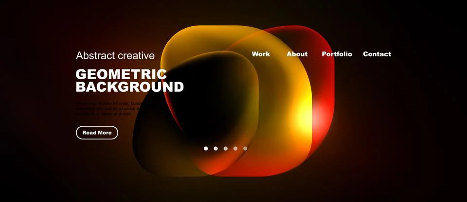 Dark website mockup features vibrant abstract shapes, text elements, navigati Stock Illustration