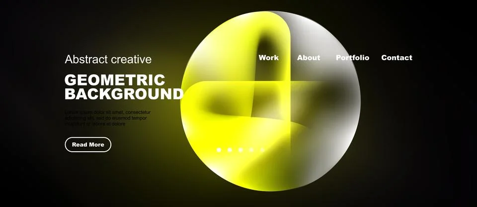 Dark website mockup features vibrant yellow geometric shapes. Minimalist desi Illustrazione stock
