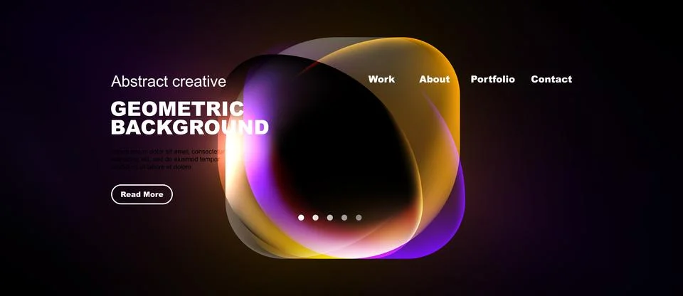 Dark website mockup features vibrant abstract shapes, text elements, navigati Stock Illustration
