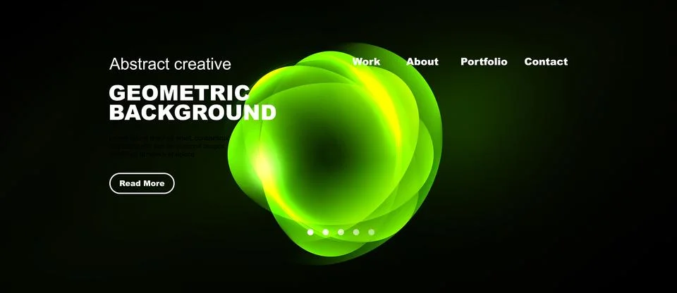 Dark website mockup features vibrant green geometric shapes. Text elements Stock Illustration