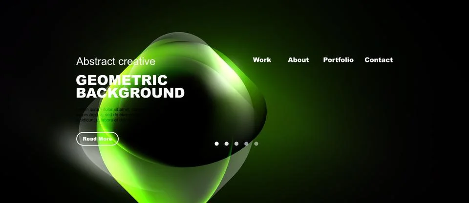 Dark website mockup features vibrant green geometric shapes. Text includes Stock Illustration