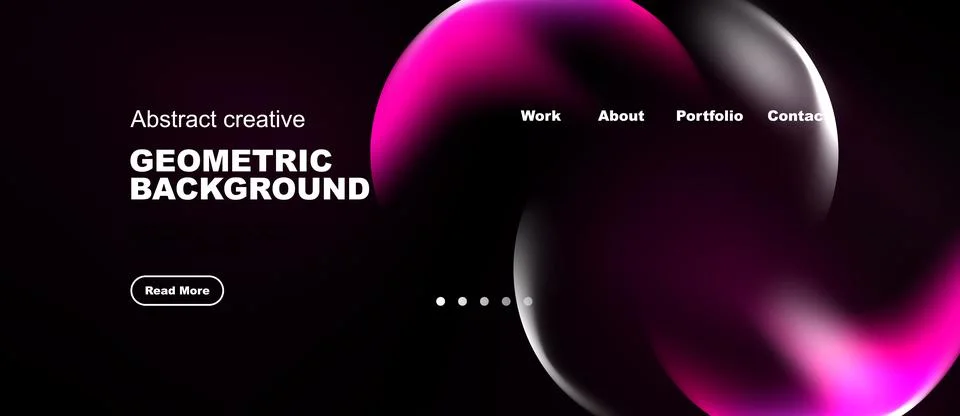 Dark website mockup features vibrant pink bubbles, navigation menu. Geometric Stock Illustration