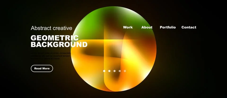 Dark website mockup features vibrant circular gradient. Minimalist design Stock Illustration