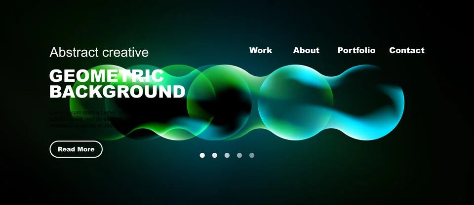Dark website mockup features vibrant abstract shapes, text elements, navigati Stock Illustration