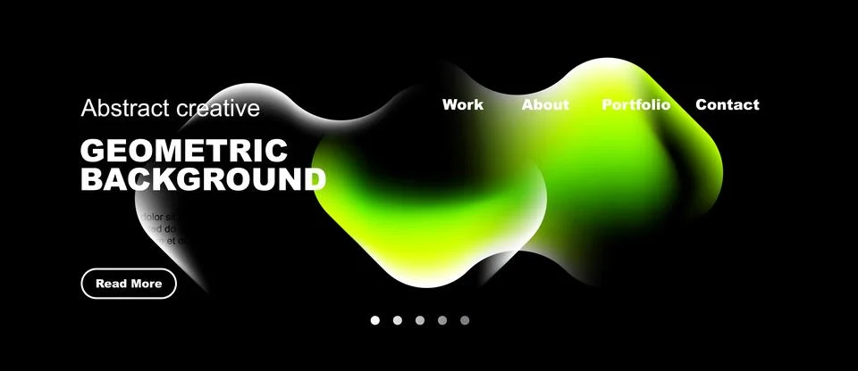 Dark website mockup features vibrant green fluid shapes, text overlays, Illustrazione stock