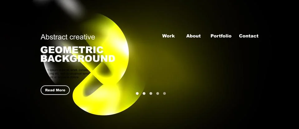 Dark website mockup features vibrant yellow geometric shapes. Navigation イラスト素材